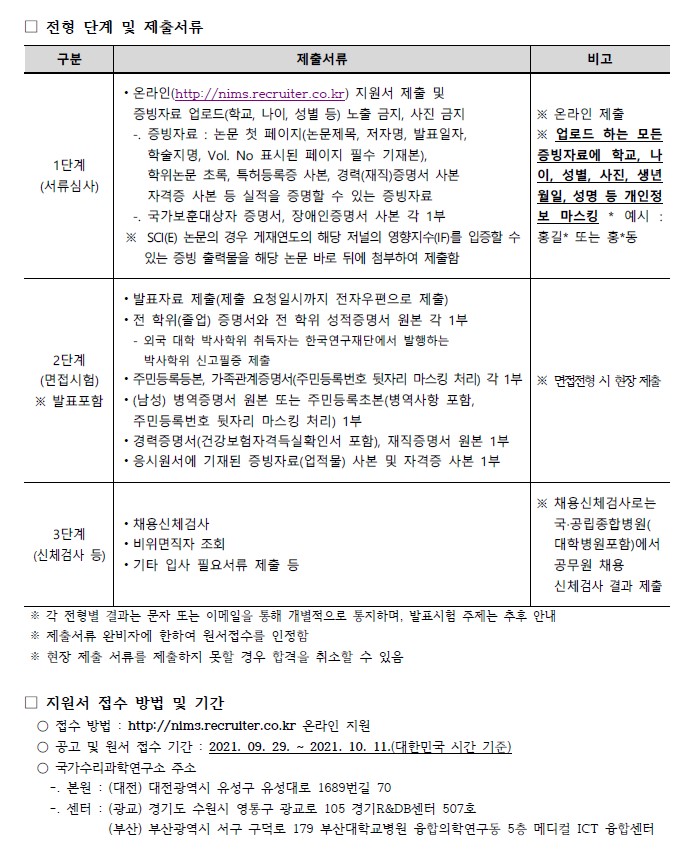 국가수리과학연구소 채용 공고 (연장) 전형 단계 및 제출서류, 지원서 접수 방법 및 기간