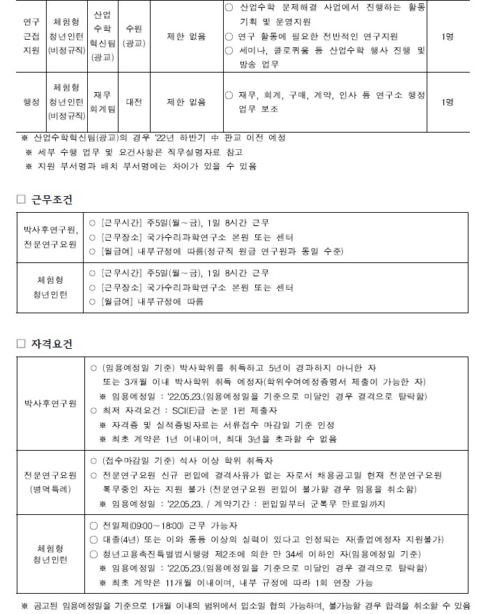 국가수리과학연구소 채용공고 모집분야, 근무조건, 자격요건,