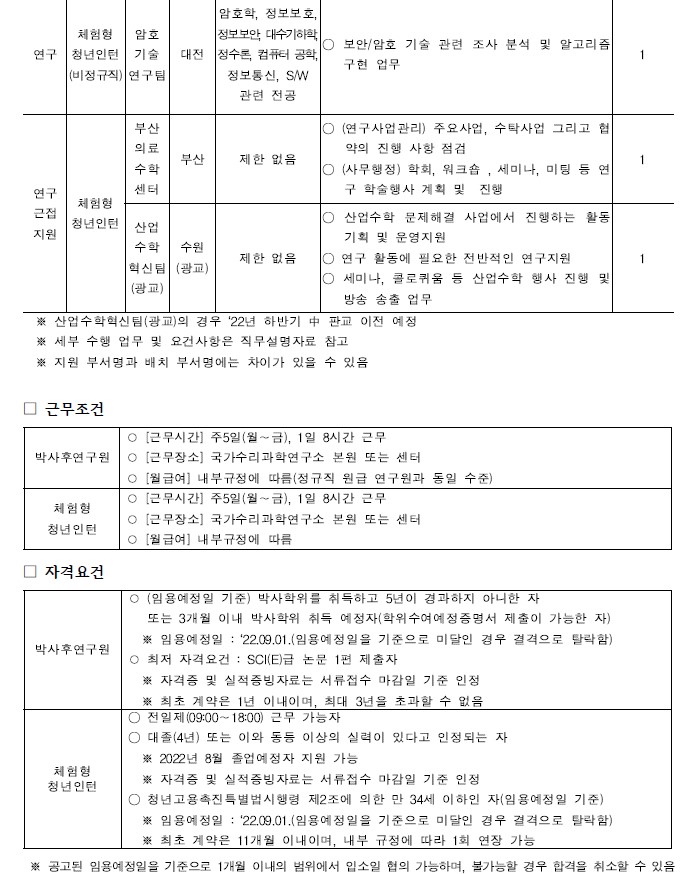 국가수리과학연구소 채용공고 모집분야, 근무조건, 자격요건