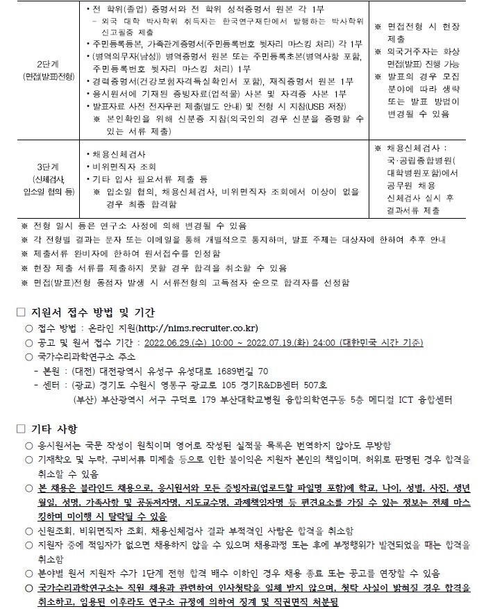 국가수리과학연구소 채용공고 전형단계 및 제출서류, 지원서 접수 방법 및 기간, 기타사항