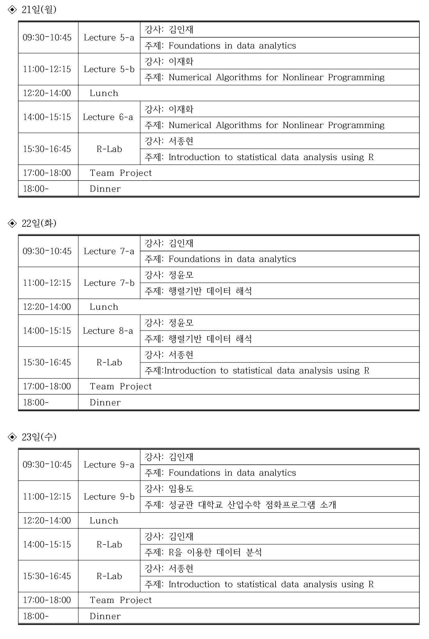 산업수학 빅데이터 겨울학교(2015 NIMS-SKKU MDA WINTER SCHOOL). 자세한 내용은 본문 참조