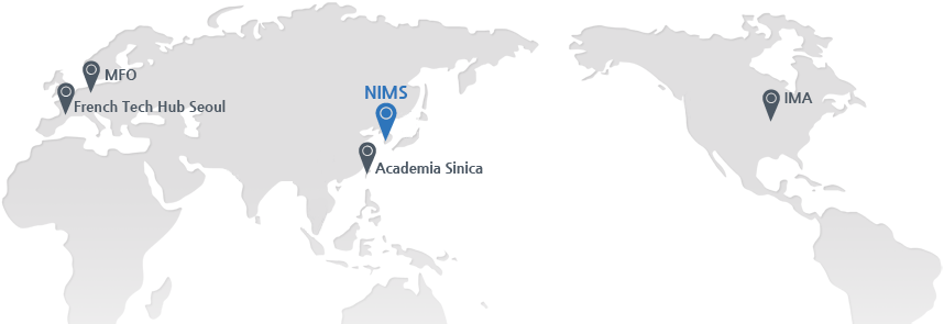 NIMS, RIMS, Academia Sinica, VIASM & IMH, IMS, MFO, MSRI, IMA, French Tech Hub Seoul와 국제협력을 맺었습니다.